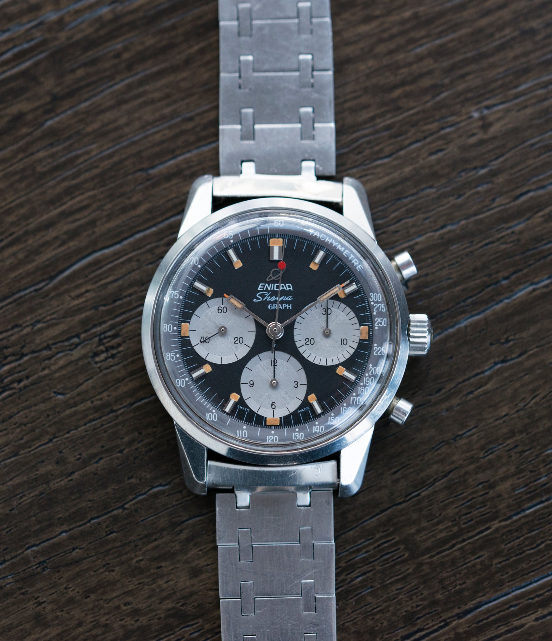 buying vintage Enicar Sherpa Graph 300 MKIII Jim Clark steel chronograph watch at A Collected Man London UK specialist of rare watches
