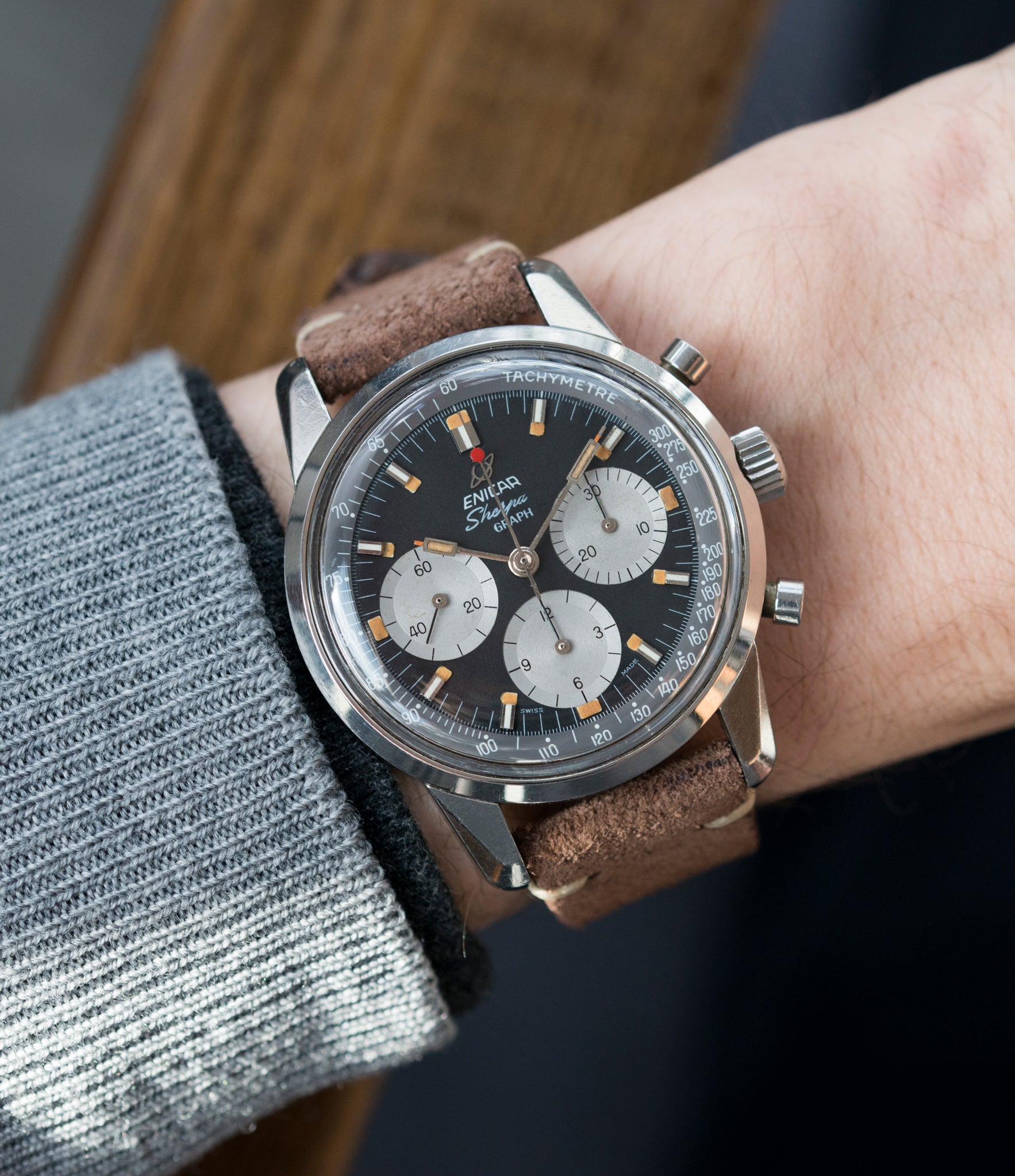 on the wrist vintage Enicar Sherpa Graph 300 MKIII Jim Clark steel chronograph watch at A Collected Man London UK specialist of rare watches