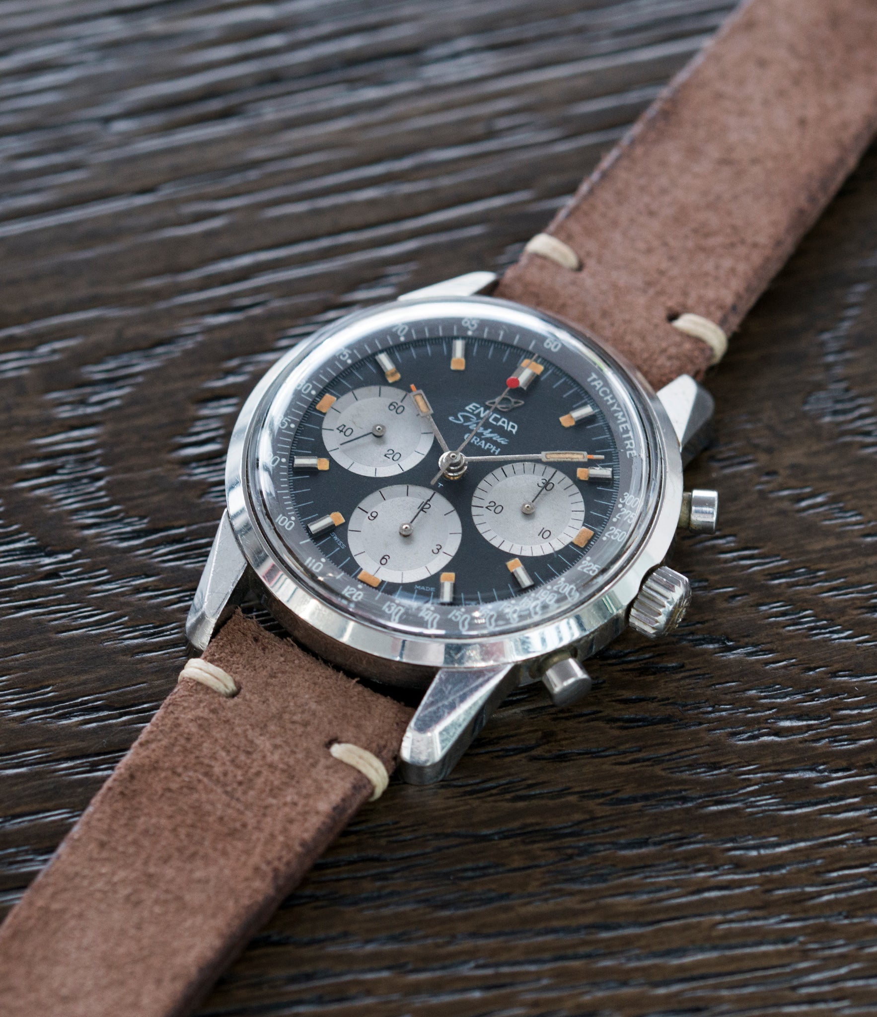 Jim Clark's Sherpa Graph 300 Enicar MKIII steel vintage chronograph watch at A Collected Man London UK specialist of rare watches