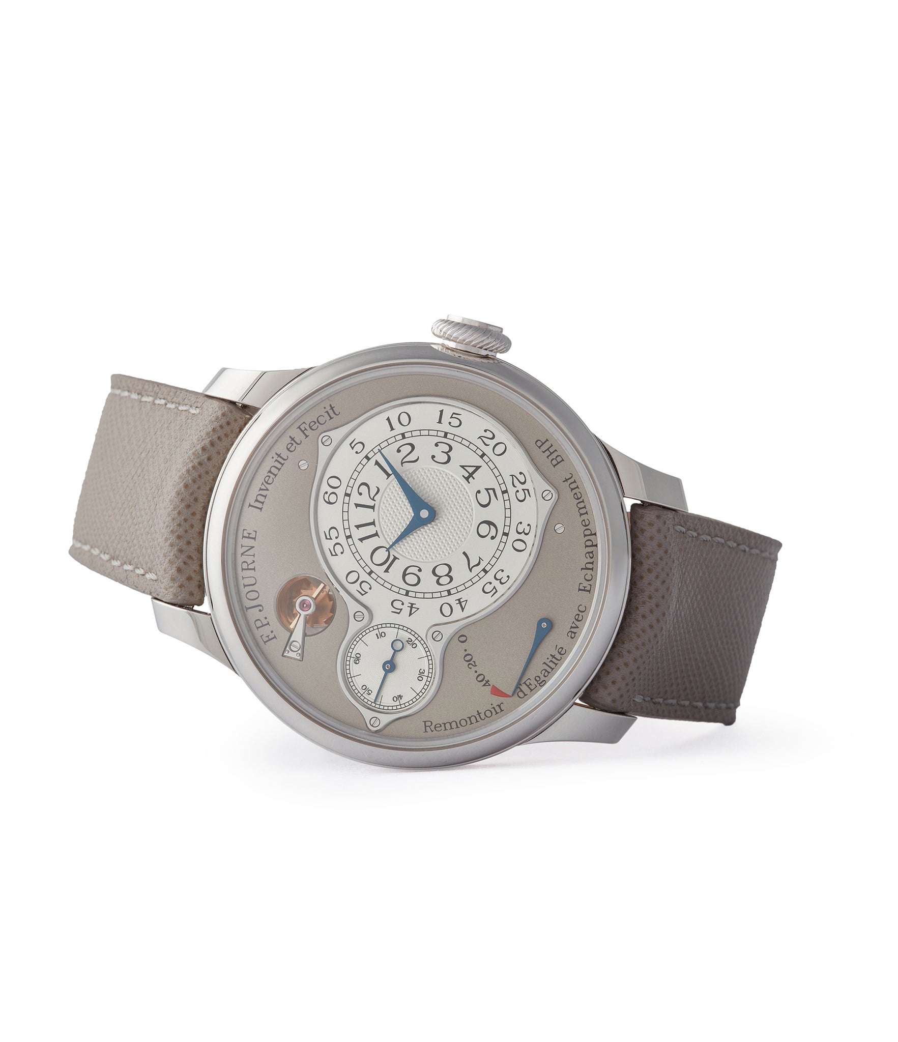 side-shot Journe grey dial Chronometre Optimum 40mm platinum pre-owned dress watch for sale at A Collected Man London selling independent watchmakers