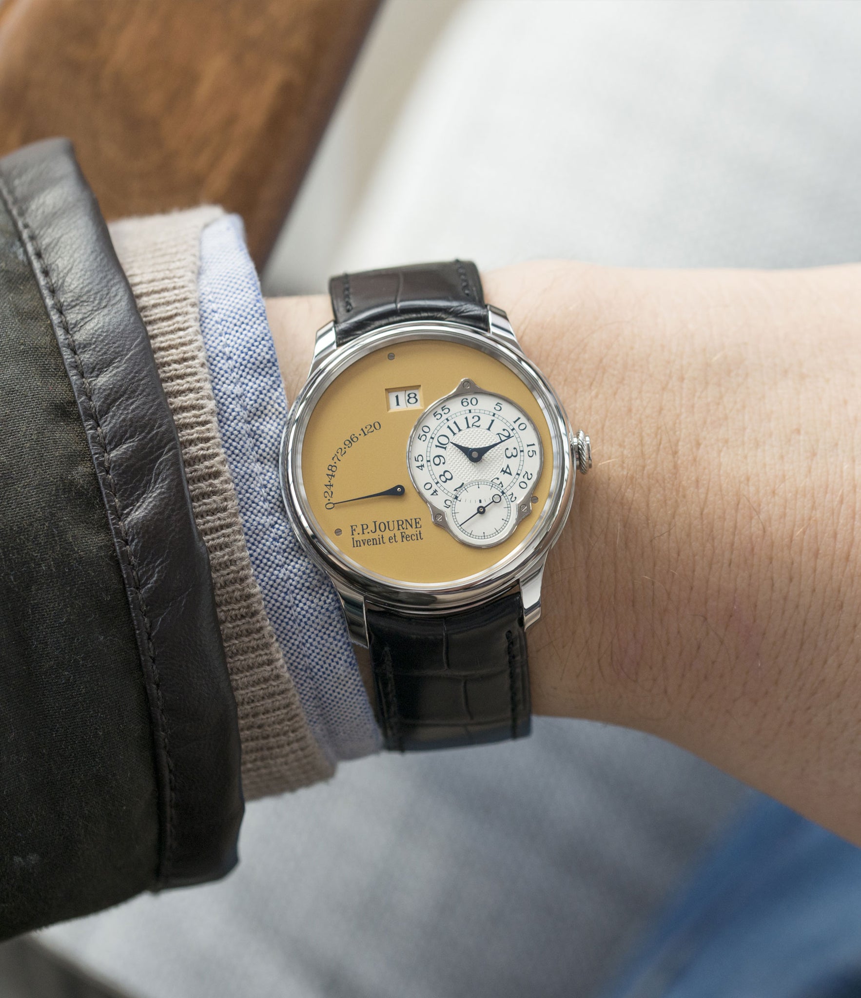 on the wrist F. P. Journe Octa Automatique 38 mm steel limited edition dress watch for sale online at A Collected Man London UK approved seller of independent watchmakers