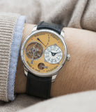 on the wrist F. P. Journe Tourbillon Souverain 38 mm steel dress watch for sale online at A Collected Man London UK approved seller of independent watchmakers