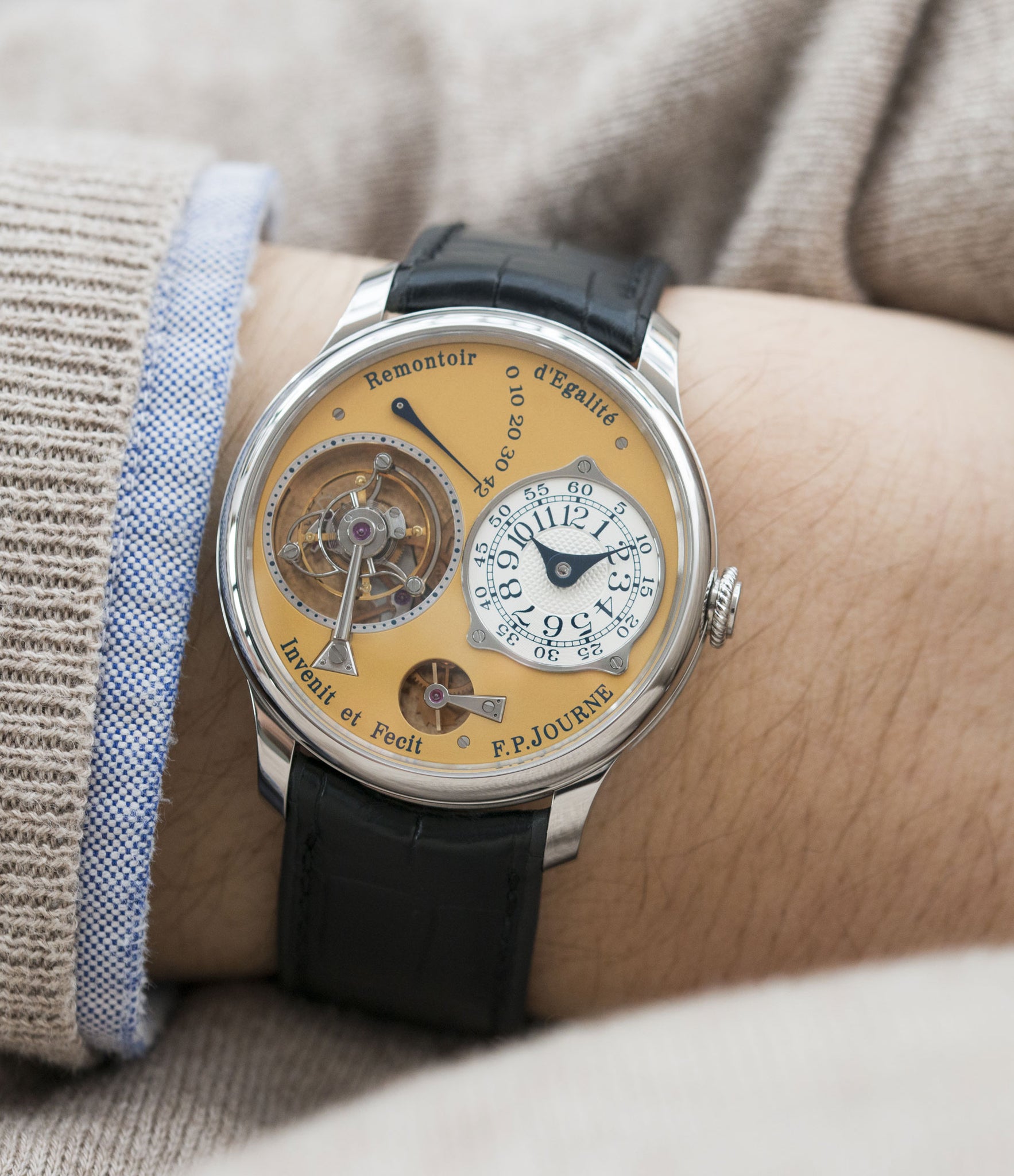 on the wrist F. P. Journe Tourbillon Souverain 38 mm steel dress watch for sale online at A Collected Man London UK approved seller of independent watchmakers