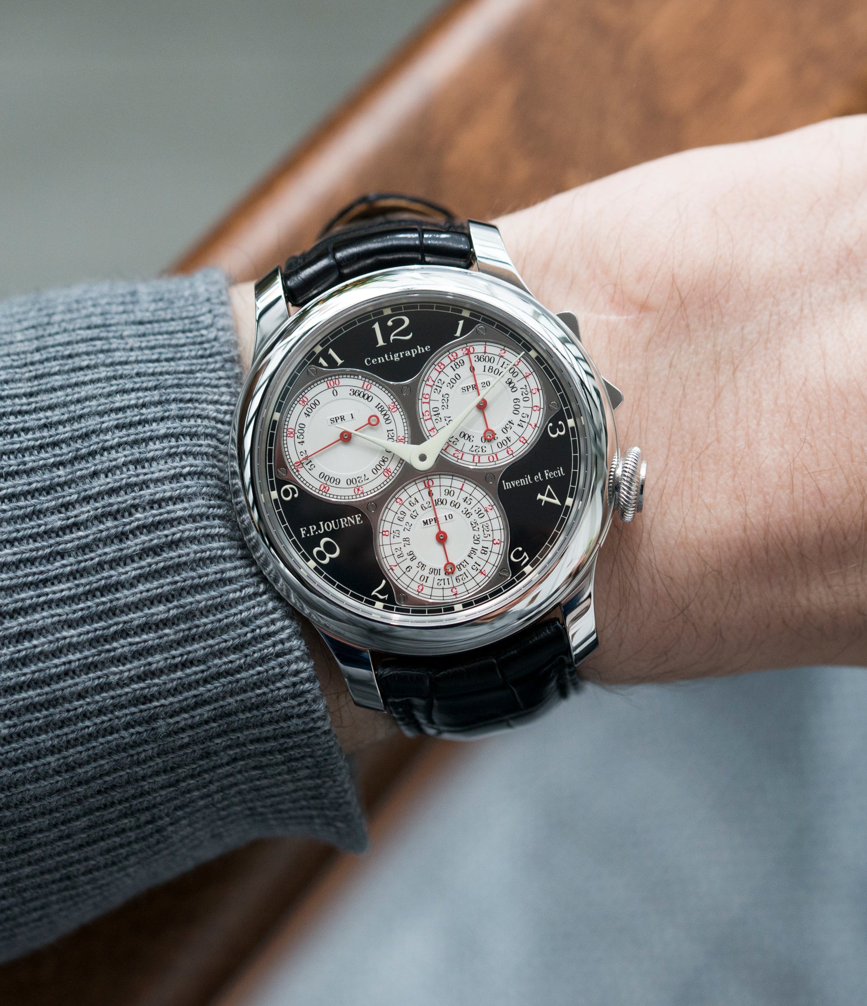 on the wrist F. P. Journe Centigraphe Souverain Black Label 40 mm platinum pre-owned rare watch for sale online at A Collected Man London approved retailer of independent watchmakers
