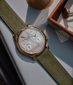 Shop 20mm x 19mm Cape Town Molequin F. P. Journe curved watch strap khaki olive green nubuck leather quick-release springbars buckle handcrafted European-made for sale online at A Collected Man London