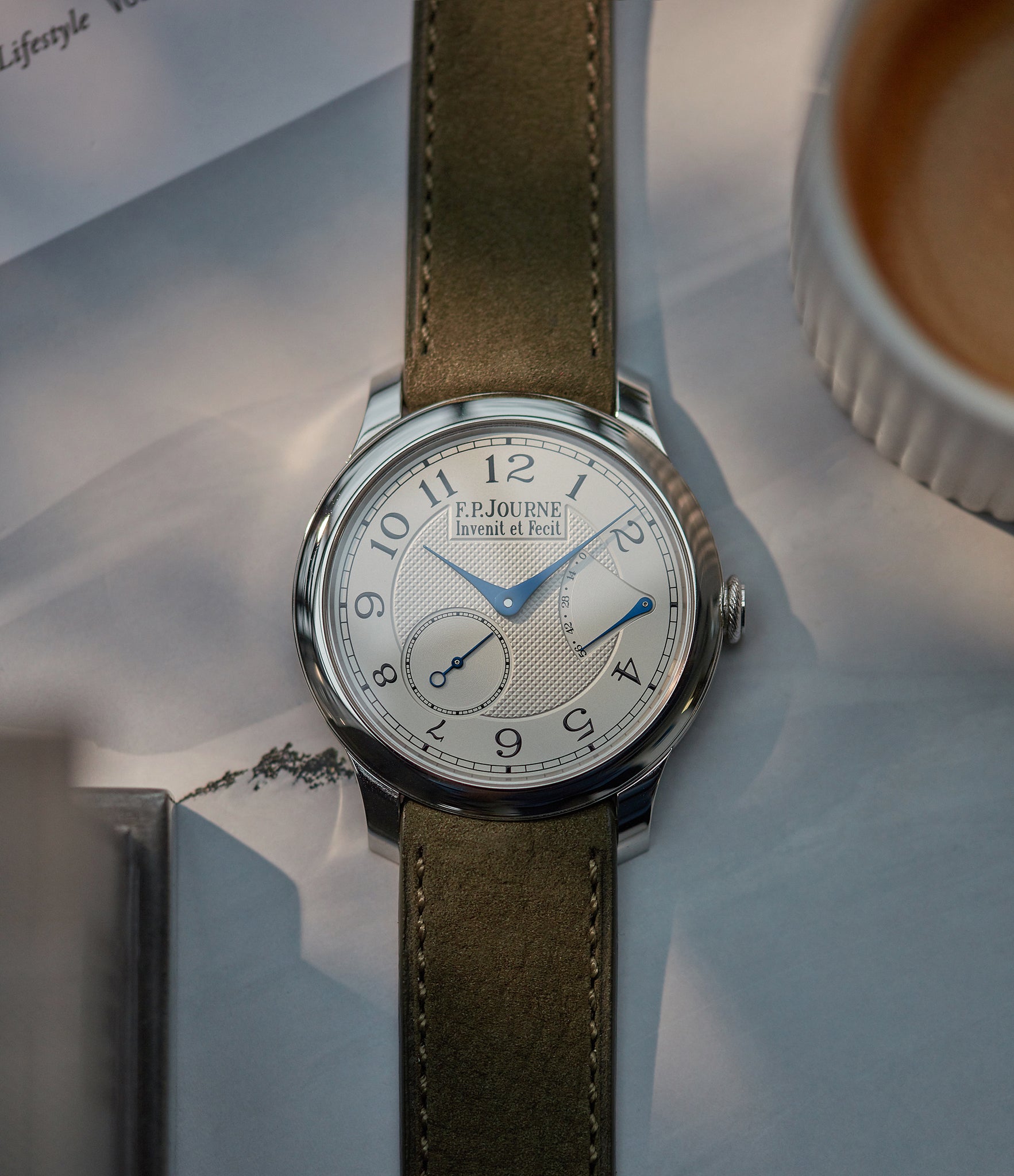 Purchase 20mm x 19mm Cape Town Molequin F. P. Journe curved watch strap khaki olive green nubuck leather quick-release springbars buckle handcrafted European-made for sale online at A Collected Man London