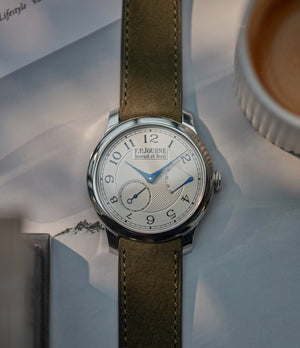 Purchase 20mm x 19mm Cape Town Molequin F. P. Journe curved watch strap khaki olive green nubuck leather quick-release springbars buckle handcrafted European-made for sale online at A Collected Man London