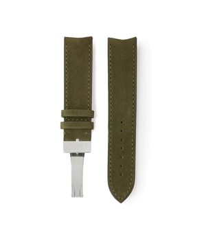 Buy 20mm x 19mm Cape Town Molequin F. P. Journe curved watch strap khaki olive green nubuck leather quick-release springbars buckle handcrafted European-made for sale online at A Collected Man London