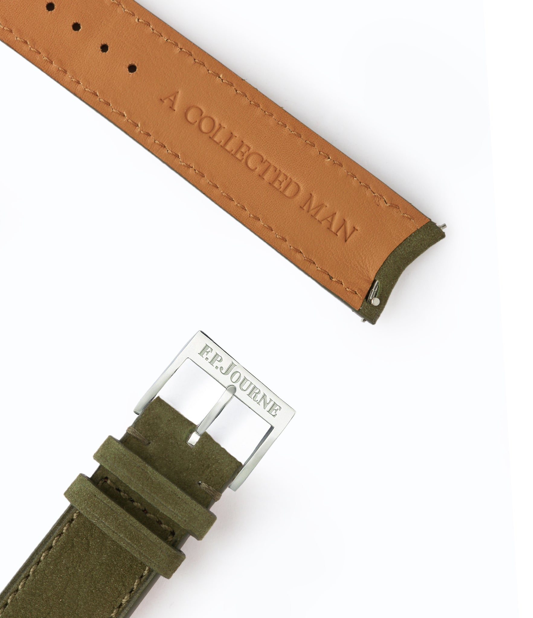 Shop 20mm x 19mm Cape Town Molequin F. P. Journe curved watch strap khaki olive green nubuck leather quick-release springbars buckle handcrafted European-made for sale online at A Collected Man London