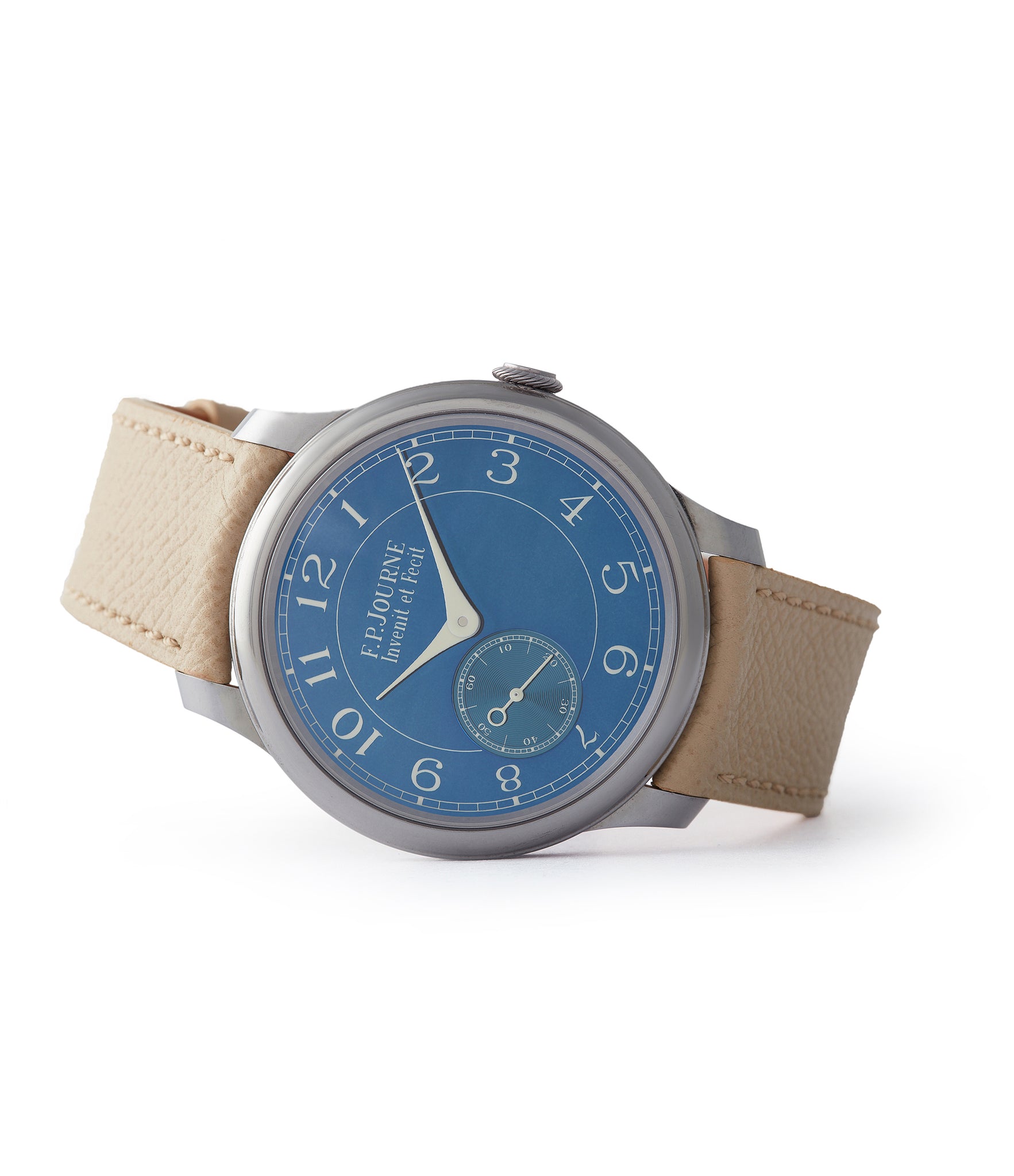 side-shot Chronometre Bleu F. P. Journe tantalum blue dial dress watch independent watchmaker for sale online at A Collected Man London