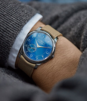 on the wrist F. P. Journe Chronometre Bleu tantalum blue dial dress watch independent watchmaker for sale online at A Collected Man London