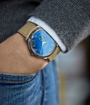 hands on with Journe Chronometre Bleu tantalum blue dial dress watch independent watchmaker for sale online at A Collected Man London