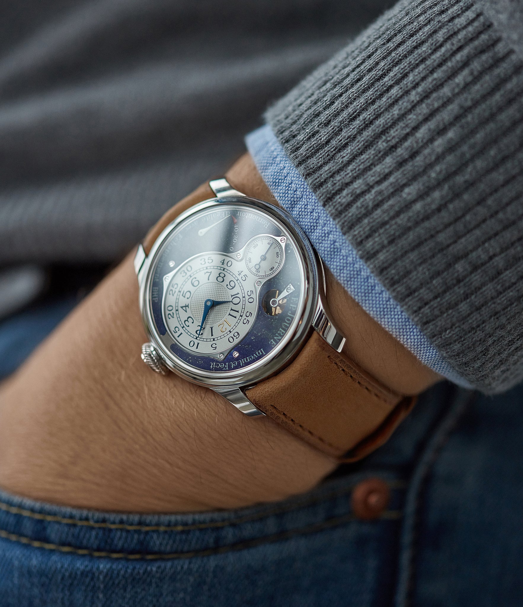 men's luxury blue dial wristwatch F. P. Journe Chronometre Optimum Lapis Lazuli dress watch for sale A Collected Man London UK specialist independent watchmaker