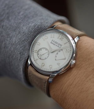 on the wrist F. P. Journe Chronometre Souverain 38mm platinum silver custom dial for sale online at A Collected Man London UK specialist of independent watchmakers