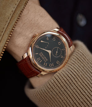 on the wrist F. P. Journe Boutique Edition Chronometre Souverain red gold black dial rare watch independent watchmaker for sale online at A Collected Man London UK specialist of rare watches