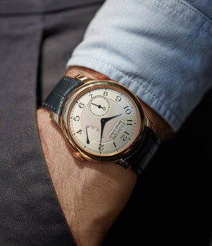 hands-on with F. P. Journe Chronometre Souverain silver dial rose gold dress watch for sale online at A Collected Man London UK specialist of independent watchmakers