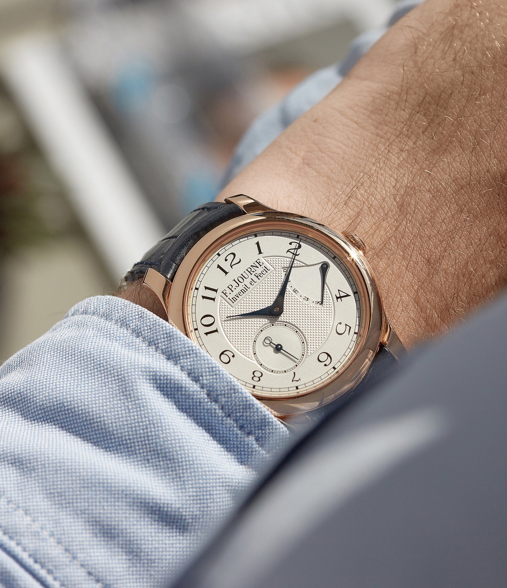 on the wrist F. P. Journe Chronometre Souverain silver dial rose gold dress watch for sale online at A Collected Man London UK specialist of independent watchmakers