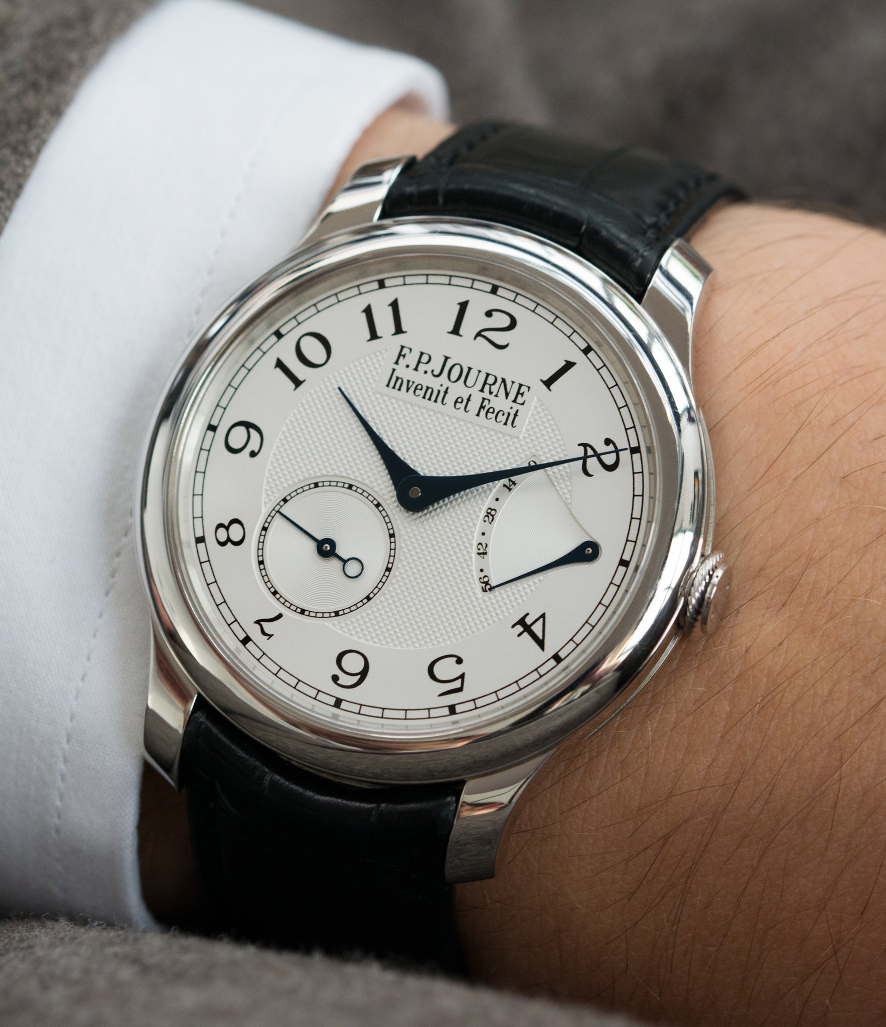 luxury gentlemen wristwatch Chronometre Souverain F. P. Journe platinum watch silver dial online at A Collected Man London specialist retailer of independent watchmakers in UK