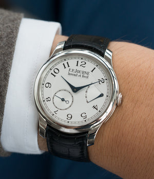 on the wrist F. P. Journe Chronometre Souverain platinum watch silver dial online at A Collected Man London specialist retailer of independent watchmakers in UK