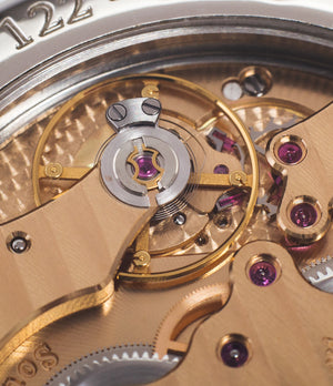 Cal. 1304 manual-winding movement on preowned F. P. Journe Chronometre Souverain platinum watch silver dial online at A Collected Man London specialist retailer of independent watchmakers in UK