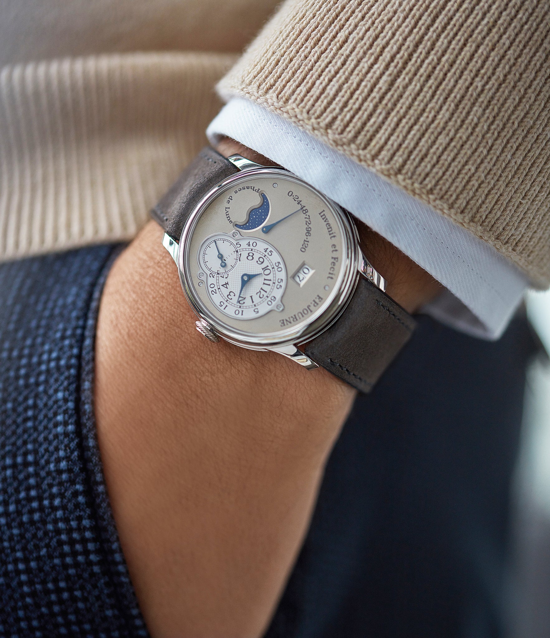 men's pre-owned luxury watch F. P. Journe Octa Lune brass movement 38mm platinum independent watchmaker for sale online at A Collected Man London