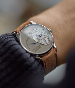 on the wrist F.P. Journe Octa Reserve de Marche 38mm platinum brass movement dress watch for sale online at A Collected Man London UK specialist of independent watchmakers