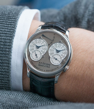 on the wrist F. P. Journe Resonance rare brass movement twin-barrel guilloche dial automatic watch for sale online at A Collected Man London specialist of independent watchmakers