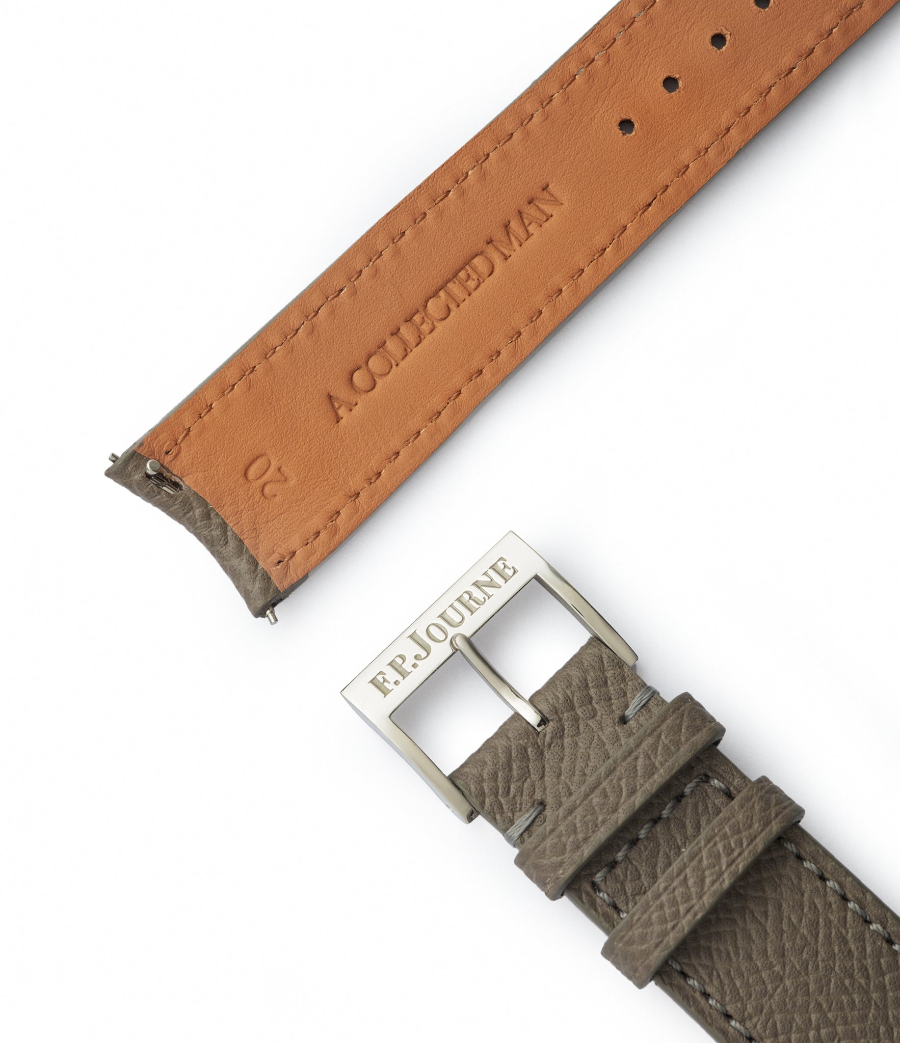 Buy 20mm x 19mm Stockholm Molequin F. P. Journe curved watch strap stone grey grained leather quick-release springbars buckle handcrafted European-made for sale online at A Collected Man London