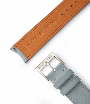 Buy nubuck quality watch strap in polar sky grey from A Collected Man London, in short or regular lengths. We are proud to offer these hand-crafted watch straps, thoughtfully made in Europe, to suit your watch. Available to order online for worldwide delivery.