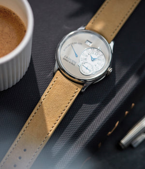 Selling 20mm x 19mm Capri Molequin F. P. Journe curved watch strap light tan sand nubuck leather quick-release springbars buckle handcrafted European-made for sale online at A Collected Man London