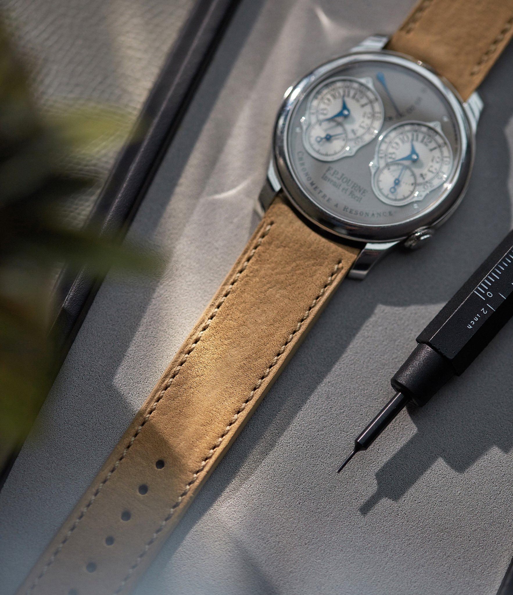 Shop 20mm x 19mm Capri Molequin F. P. Journe curved watch strap light tan sand nubuck leather quick-release springbars buckle handcrafted European-made for sale online at A Collected Man London