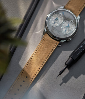 Shop 20mm x 19mm Capri Molequin F. P. Journe curved watch strap light tan sand nubuck leather quick-release springbars buckle handcrafted European-made for sale online at A Collected Man London
