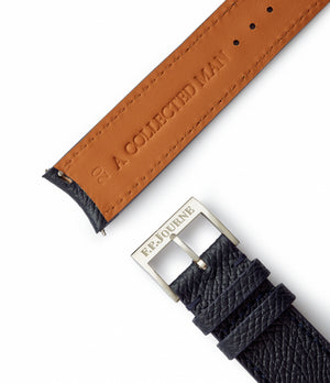 Shop 20mm x 19mm La Rochelle Molequin F. P. Journe curved watch strap grained navy blue calfskin leather quick-release springbars buckle handcrafted European-made for sale online at A Collected Man London