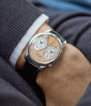 on the wrist F. P. Journe Chronometre a Resonance platinum watch gold movement for sale online at A Collected Man London Uk specialist of independent watchmakers