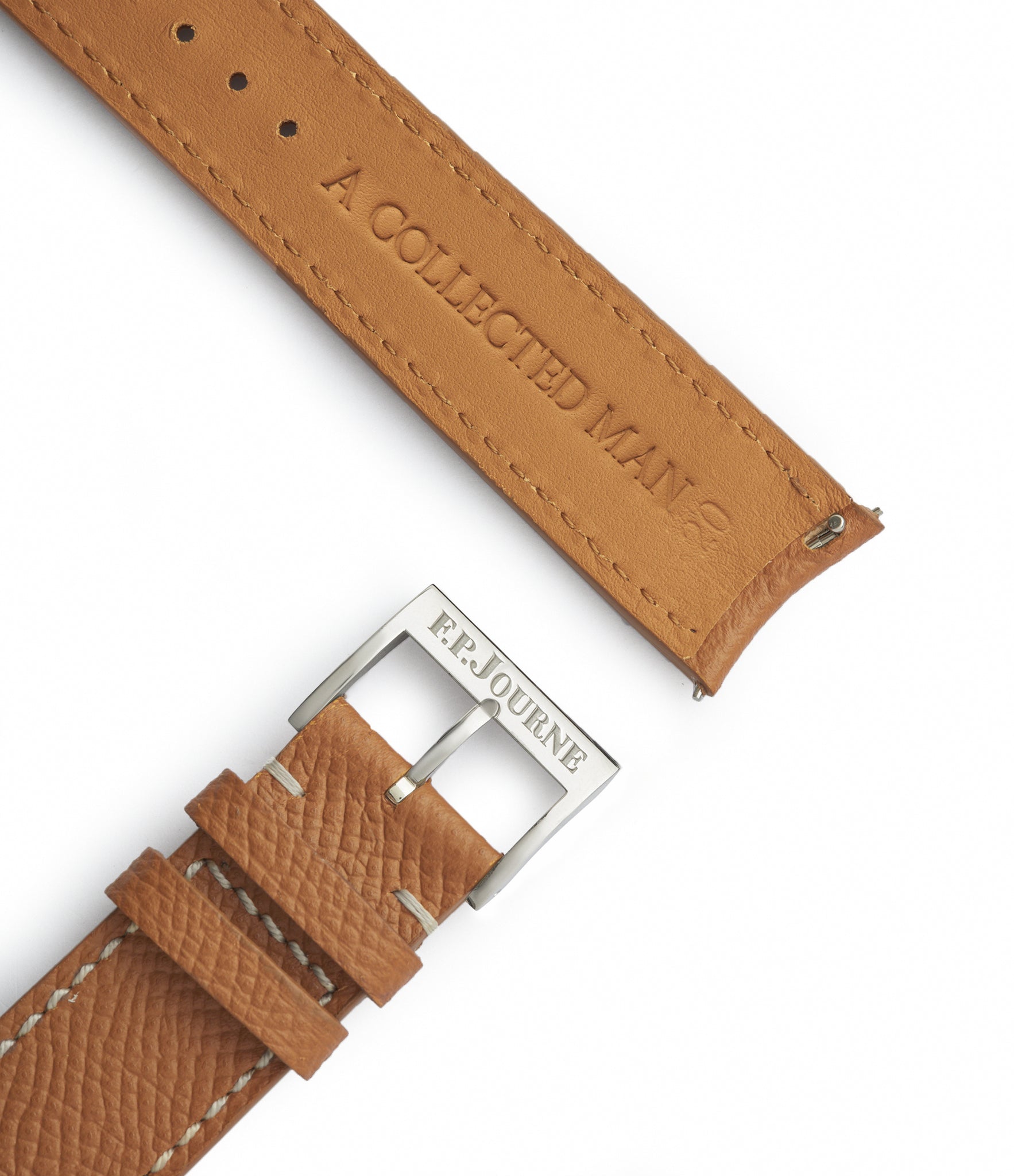 Buy grained leather quality watch strap in gold chestnut brown from A Collected Man London, in short or regular lengths. We are proud to offer these hand-crafted watch straps, thoughtfully made in Europe, to suit your watch. Available to order online for worldwide delivery.