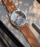 Shop 20mm x 19mm Paris Molequin F. P. Journe curved watch strap grained tan calfskin leather quick-release springbars buckle handcrafted European-made for sale online at A Collected Man London