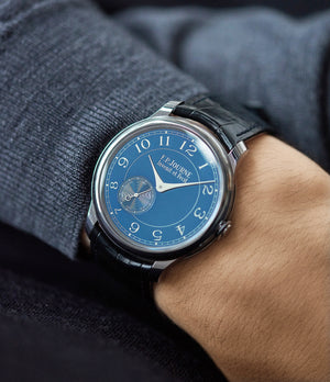 on the wrist pre-owned F. P. Journe Chronometre Bleu tantalum blue dial rare dress watch for sale online at A Collected Man London approved reseller of independent watchmakers