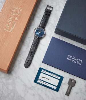 full set pre-owned F. P. Journe Chronometre Bleu tantalum blue dial rare dress watch for sale online at A Collected Man London approved reseller of independent watchmakers