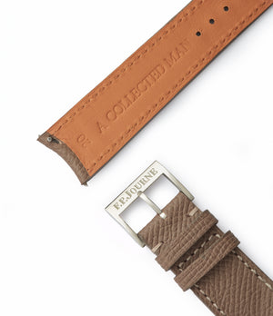 Buy 20mm x 19mm Zurich Molequin F. P. Journe curved watch strap taupe grained leather quick-release springbars buckle handcrafted European-made for sale online at A Collected Man London