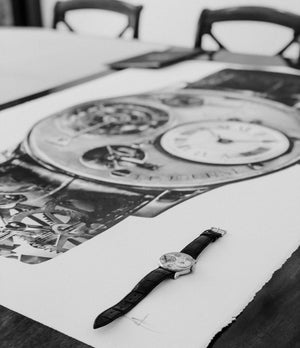 F. P. Journe Tourbillon with drawing of Journe's first wristwatch by Julie Kraulis auctioned by A Collected Man London to fund Covid-19 vaccine research 