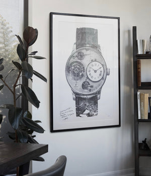 unique one-of-a-kind F. P. Journe Tourbillon pencil drawing of Journe's first wristwatch by Julie Kraulis auctioned by A Collected Man London to fund Covid-19 vaccine research 