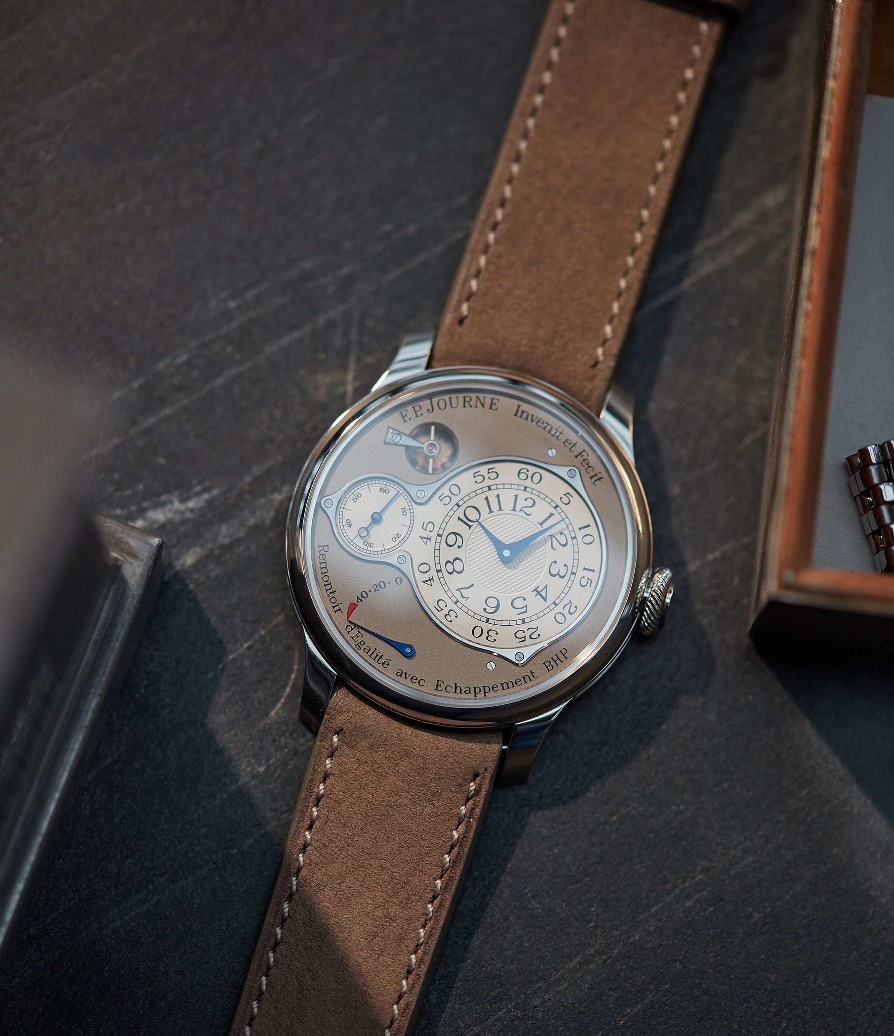 Buy 20mm x 19mm Geneva Molequin F. P. Journe curved watch strap smoke brown taupe buffalo nubuck leather quick-release springbars buckle for sale online at A Collected Man London