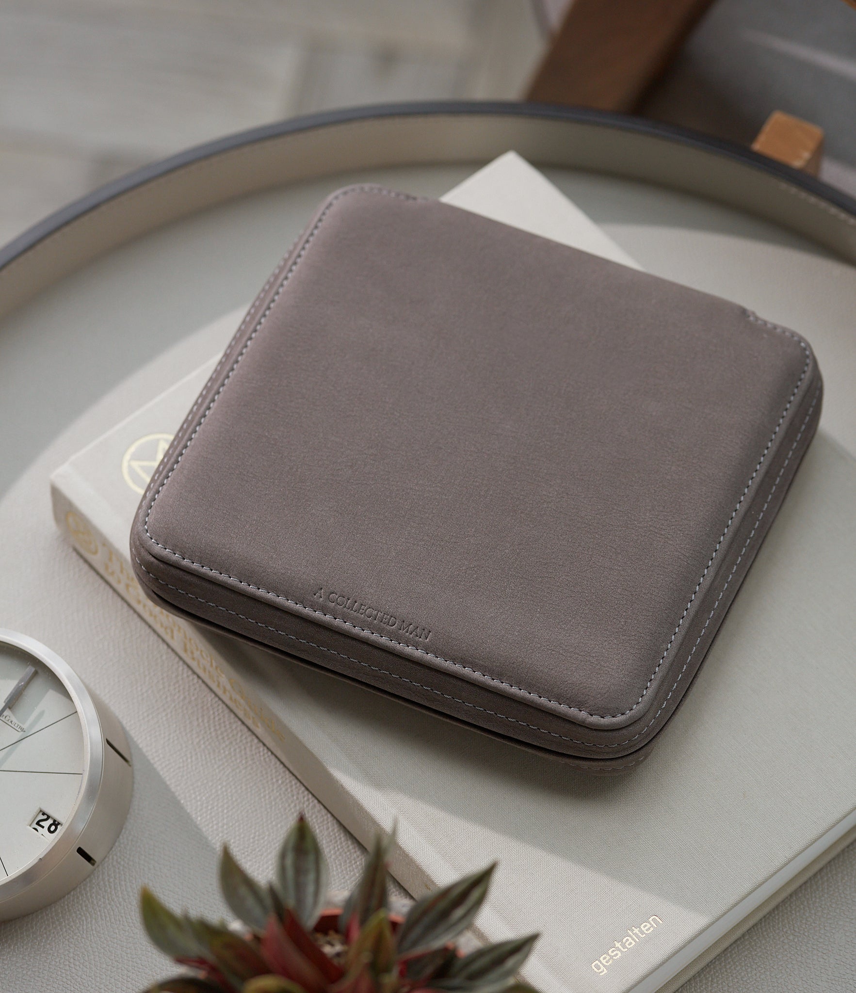 Geneva, six-watch folio Six-watch slim folio in charcoal grey nubuck leather | A Collected Man | Available Worldwide