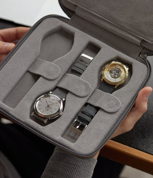 Geneva, six-watch folio Six-watch slim folio in charcoal grey nubuck leather | A Collected Man | Available Worldwide