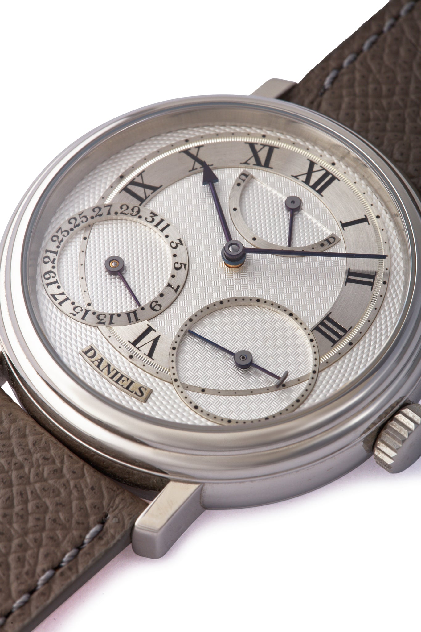 Daniels hand-made wristwatch Anniversary 00 platinum pre-owned rare hand-made watch by British independent watchmaker for sale A Collected Man London