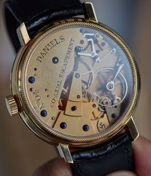 early hand-made George Daniels Anniversary watch by Roger W. Smith independent watchmaker yellow gold rare watch for sale online A Collected Man London with signed papers