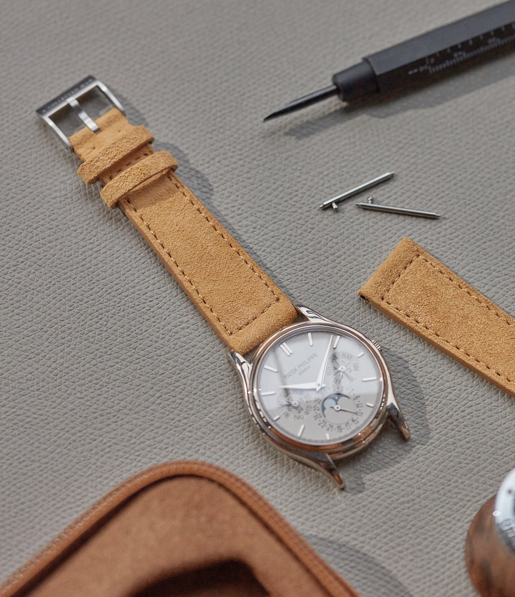 Selling Granada Molequin watch strap Patek Philippe honey light tan suede leather quick-release springbars buckle handcrafted European-made for sale online at A Collected Man London