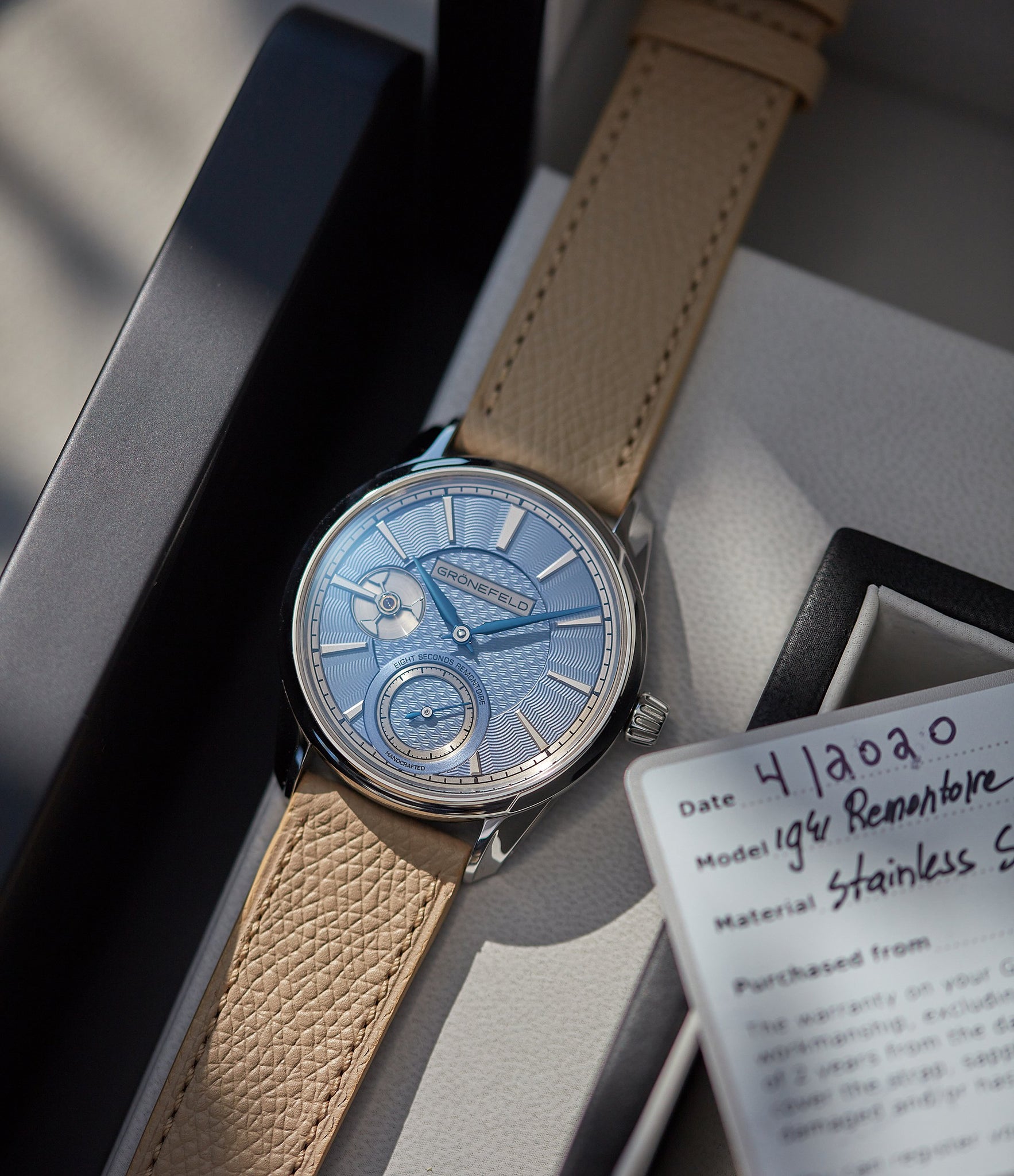 Shop Cairo Molequin watch strap Gronefeld cream grained leather quick-release springbars buckle handcrafted European-made for sale online at A Collected Man London