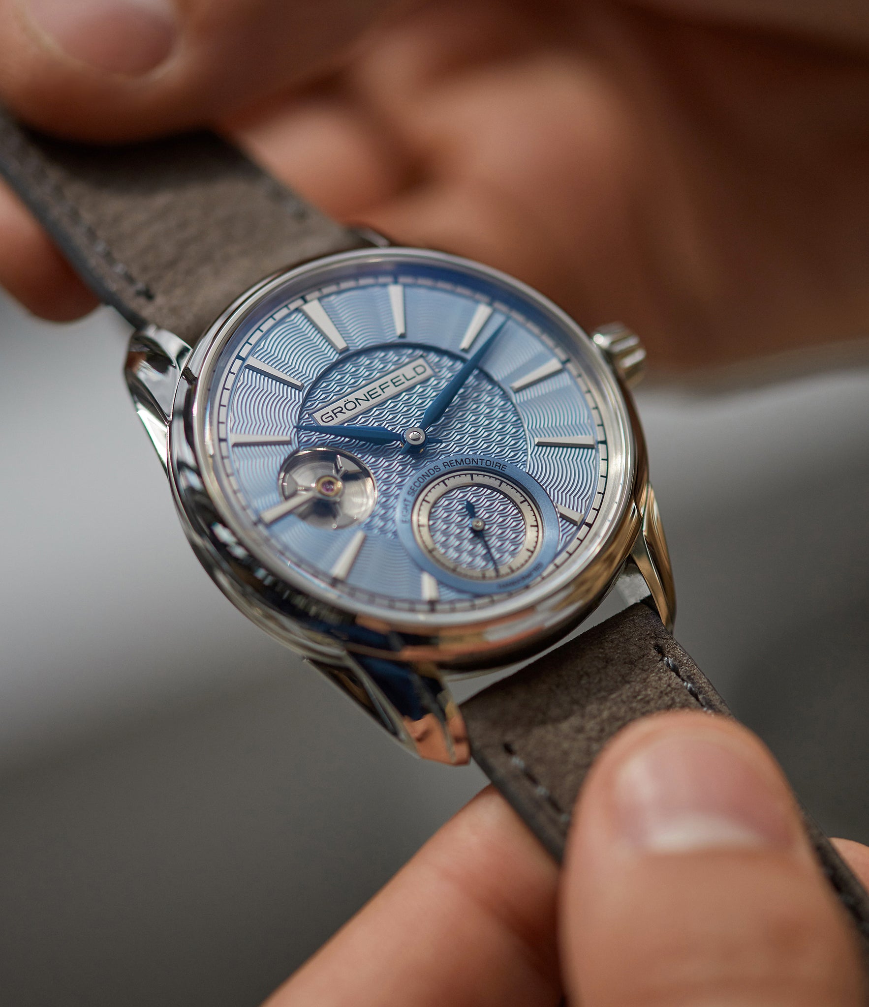 Grönefeld brothers 1941 Remontoire light blue Voutilainen dial eight seconds remontoire time-only dress watch for sale online at A Collected Man London UK specialist of independent watchmakers