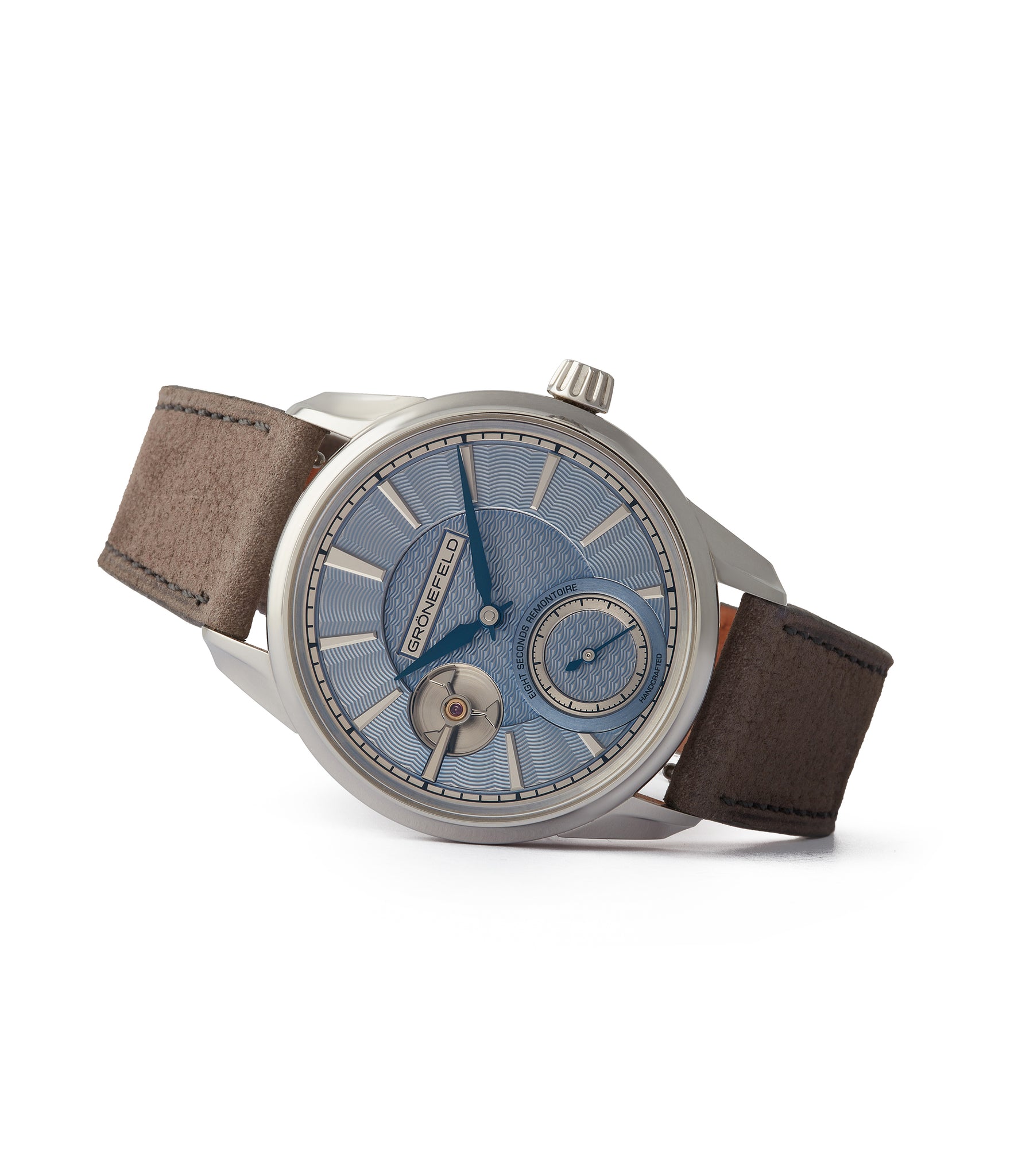 side-shot rare Grönefeld 1941 Remontoire light blue Voutilainen dial eight seconds remontoire time-only dress watch for sale online at A Collected Man London UK specialist of independent watchmakers